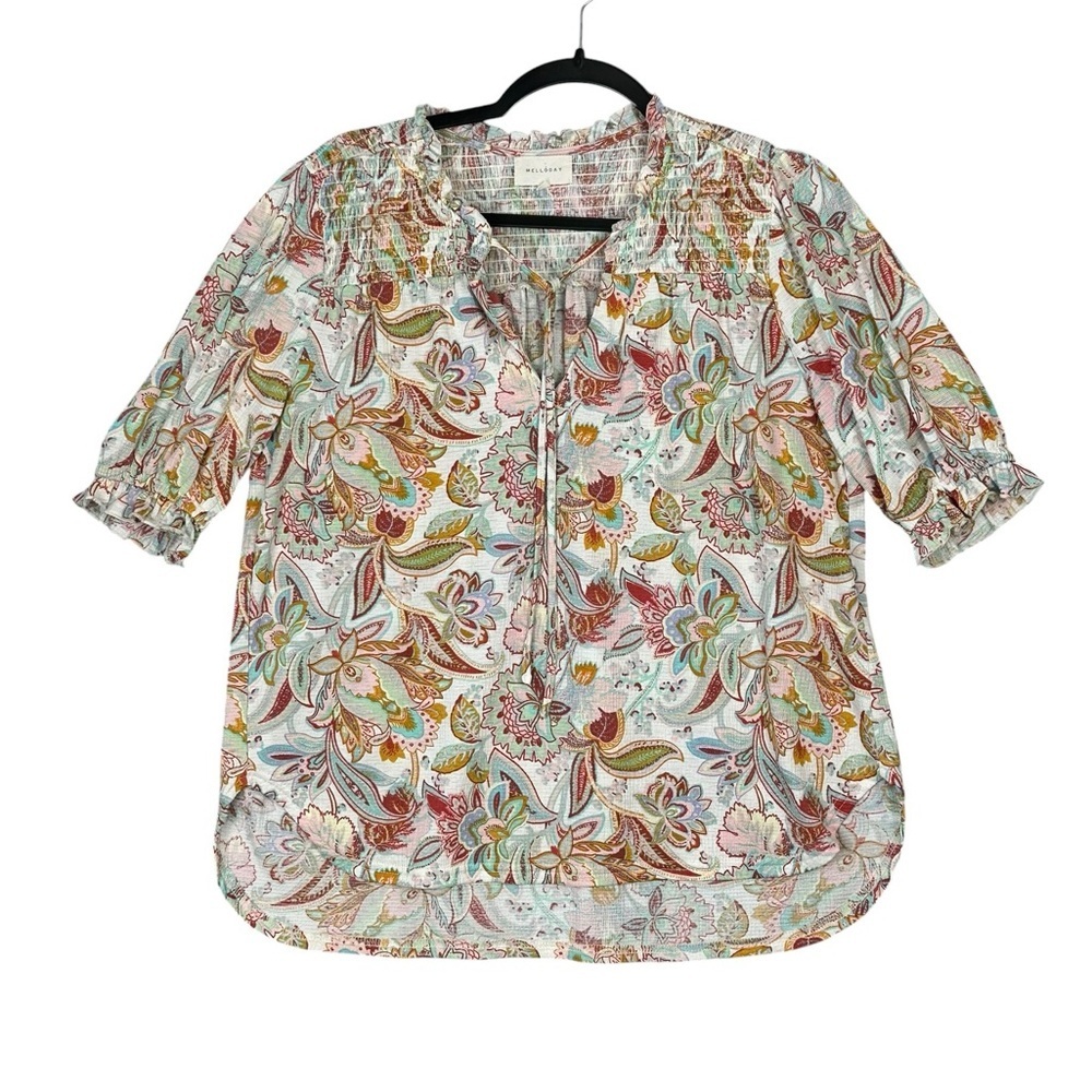 Melloday Women’s Tunic Top S  Floral BOHO Peasant Ruffle Smocked Blouse